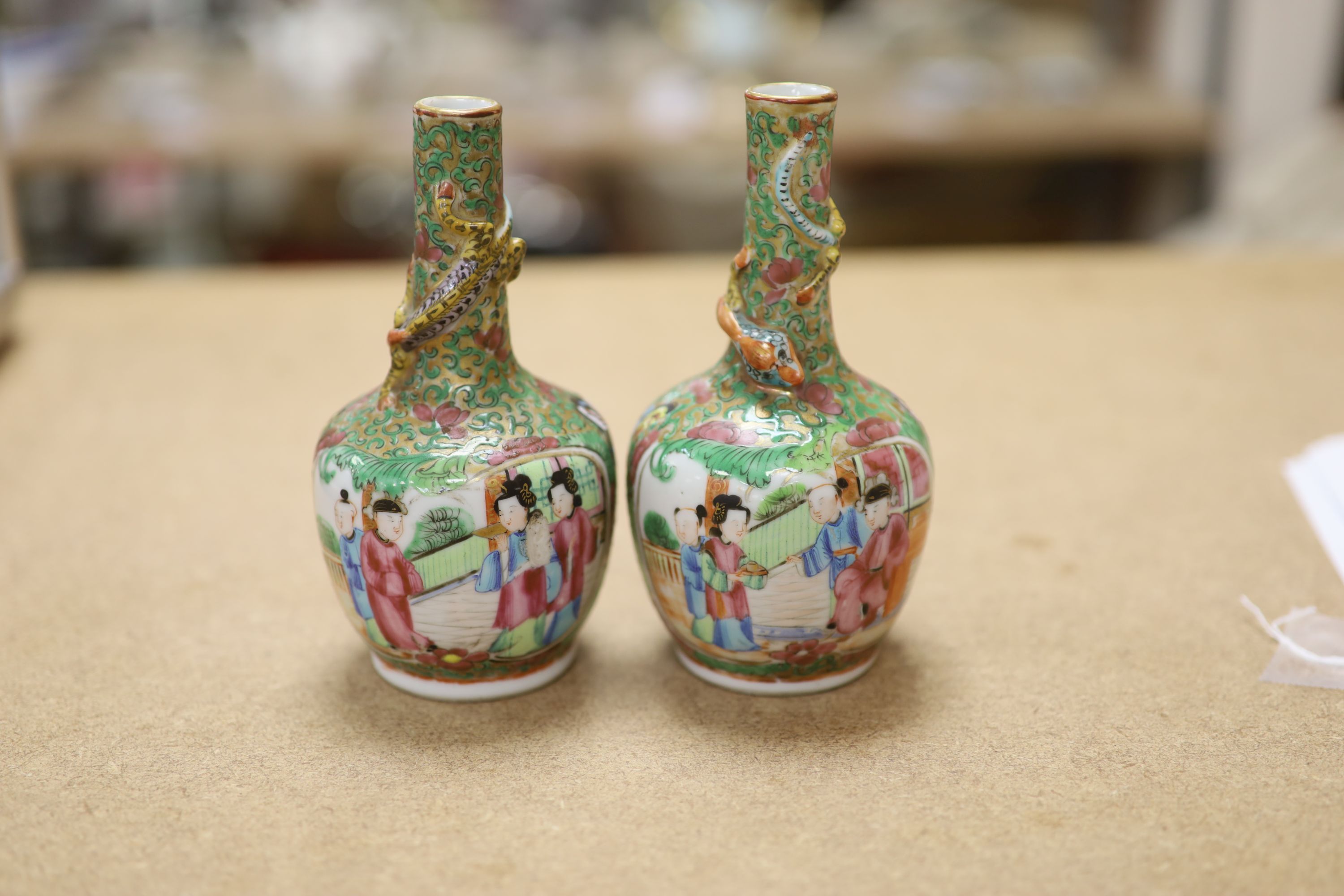 A pair of 19th century Canton bottle vases, height 14cm